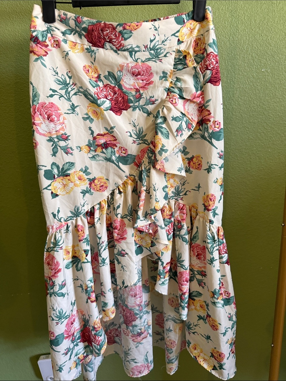 High-Low Floral Ruffle Midi Skirt - White with Pink & Yellow Blooms
